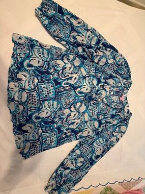 Lilly Pulitzer Teal, Navy & White Printed Long-Sleeve Blouse